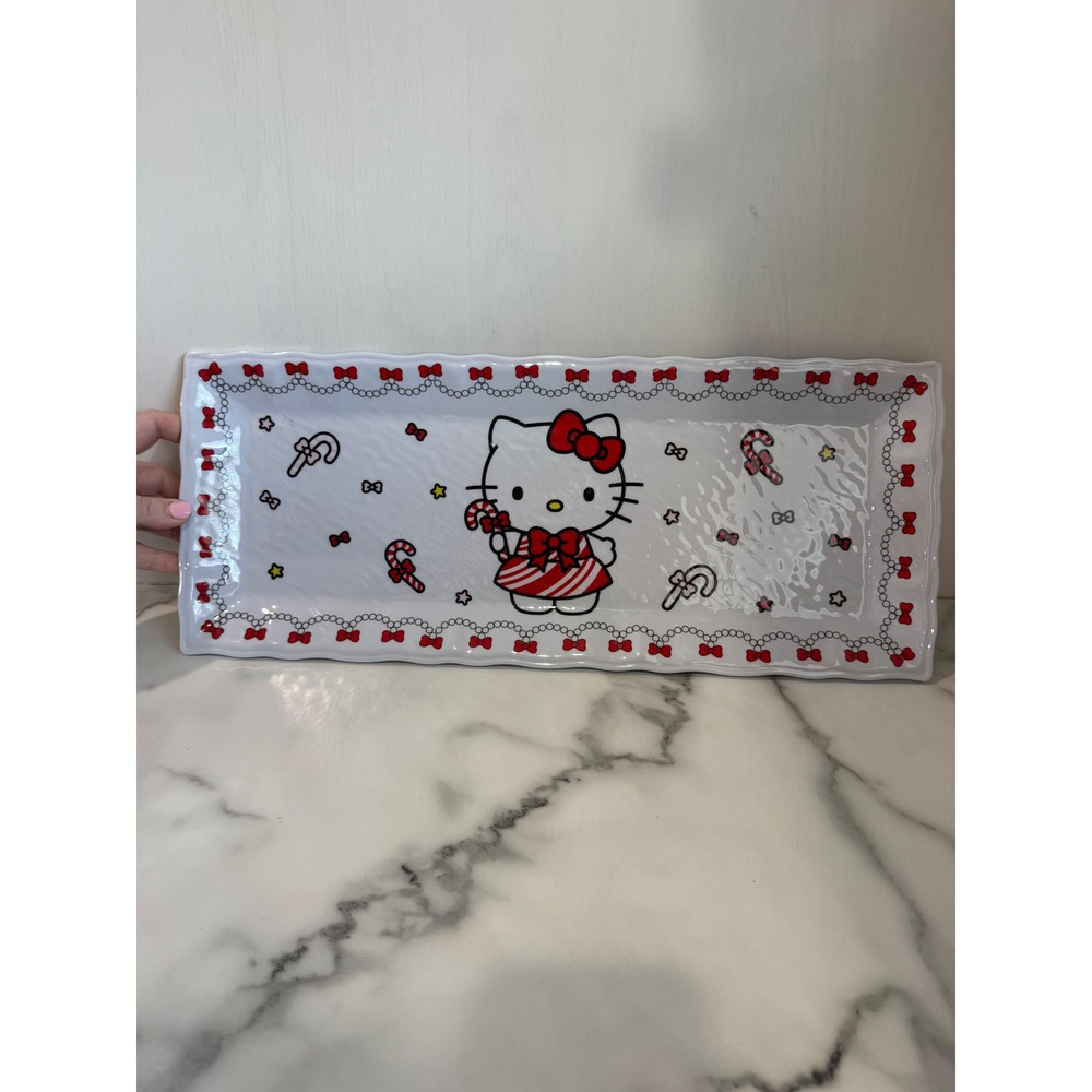 Hello‎ Kitty Christmas Serving Tray Cookie Platter Candy Canes Melamine 19" x 8"
